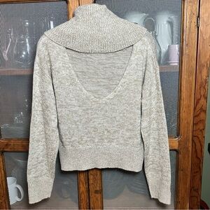 Mia Joy Heathered Tan & Cream Cowl-Neck Knit Sweater with Exposed Back